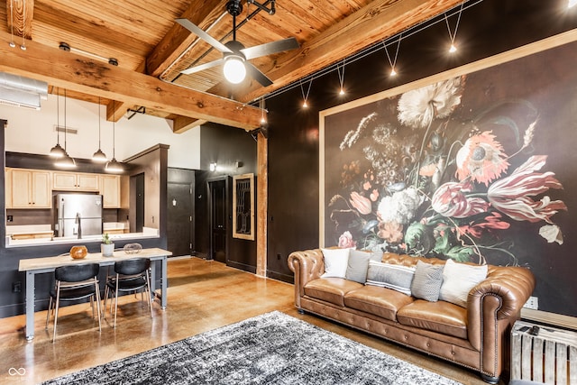 55 S Harding St Unit 308, Indianapolis, IN 46222 - living area with wood ceiling with exposed beams, concrete flooring, ceiling fan, and baseboards