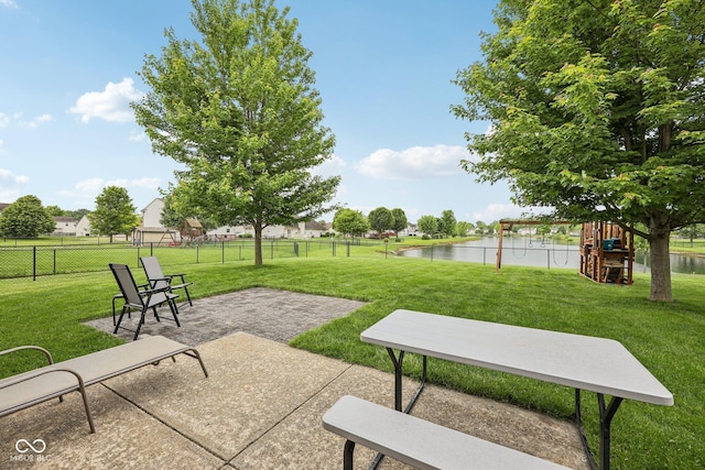 764 Port Dr, Avon, IN 46123 - view of patio / terrace featuring a water view and a playground