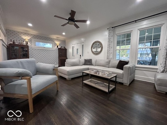 4040 Carrollton Ave, Indianapolis, IN 46205 - living room with baseboards, ceiling fan, wallpapered walls, dark wood-style floors, and an accent wall