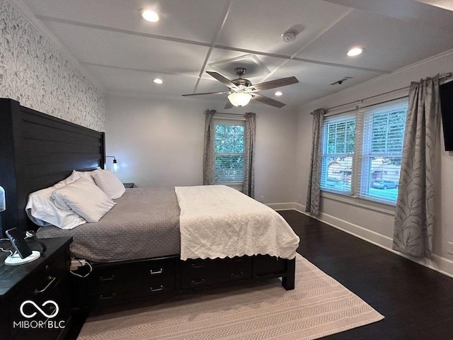 4040 Carrollton Ave, Indianapolis, IN 46205 - bedroom with coffered ceiling, recessed lighting, wood finished floors, baseboards, and ceiling fan