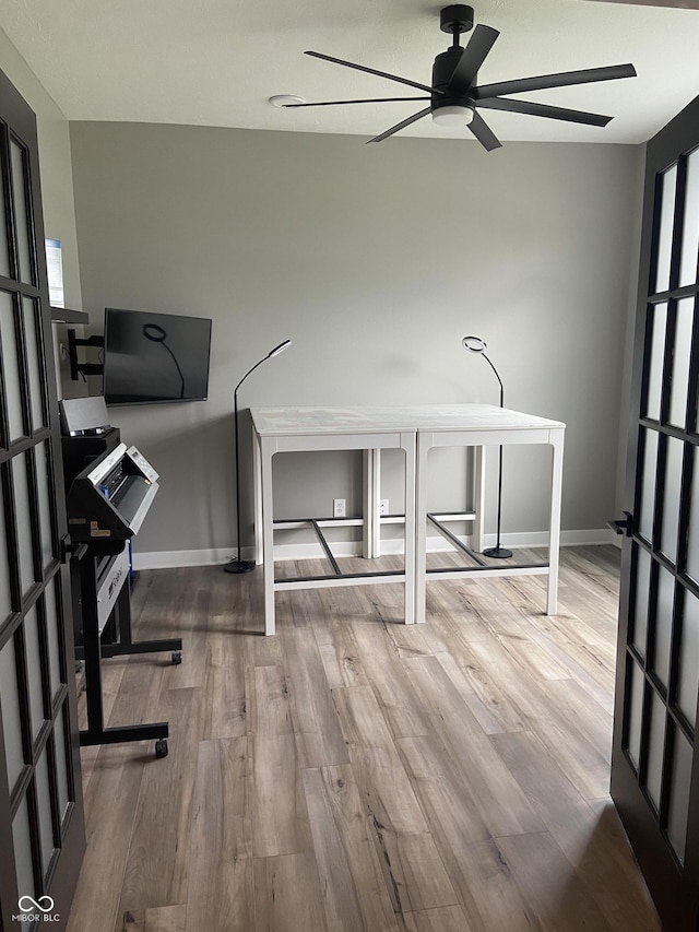 8876 Boylan Pl, Pendleton, IN 46064 - unfurnished office featuring a ceiling fan, wood finished floors, and baseboards