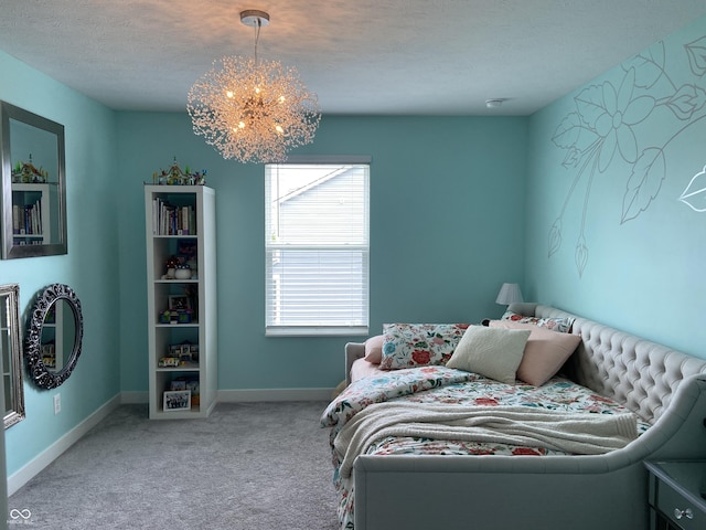 8876 Boylan Pl, Pendleton, IN 46064 - carpeted bedroom featuring a chandelier, baseboards, and a textured ceiling