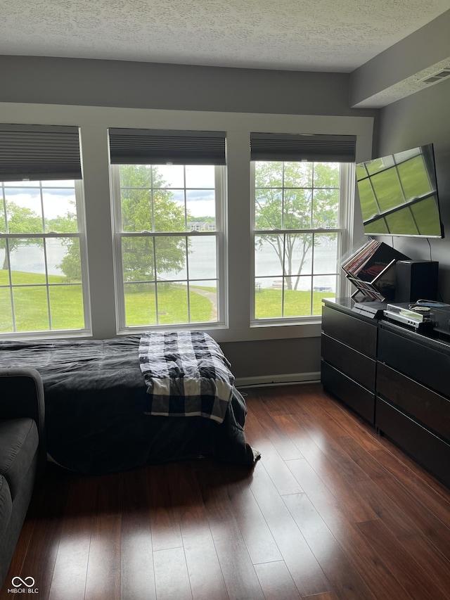 7601 Newport Bay Dr Unit 203, Indianapolis, IN 46240 - bedroom featuring dark wood-style flooring, a water view, and a textured ceiling