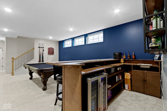 17359 Wilkes Way, Westfield, IN 46074 - bar featuring beverage cooler, light carpet, recessed lighting, and stairway