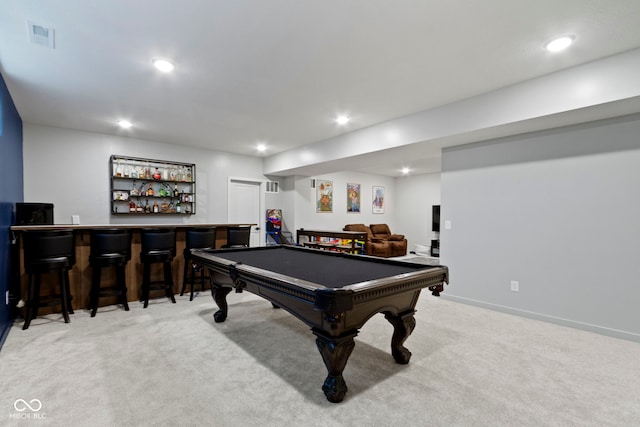 17359 Wilkes Way, Westfield, IN 46074 - rec room featuring a dry bar, light carpet, billiards, recessed lighting, and baseboards
