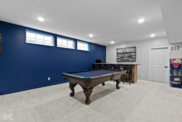 17359 Wilkes Way, Westfield, IN 46074 - game room with a dry bar, carpet, recessed lighting, pool table, and baseboards