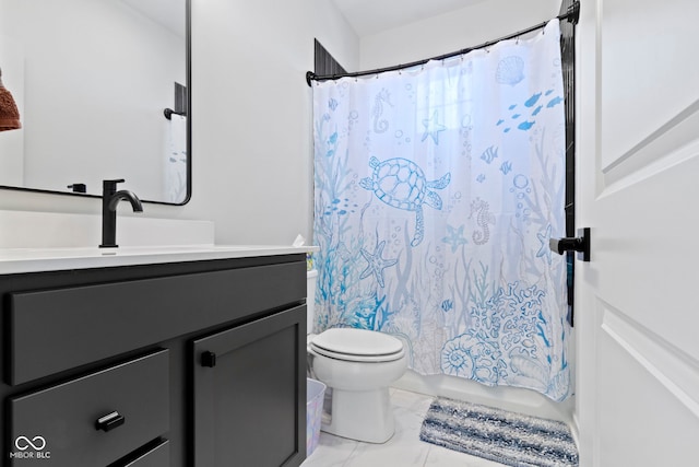 17359 Wilkes Way, Westfield, IN 46074 - bathroom featuring toilet, vanity, shower / bath combo with shower curtain, and marble look tiles