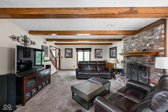5412 Green Hills Dr, Brownsburg, IN 46112 - carpeted living area with a brick fireplace, beamed ceiling, stairs, and baseboards