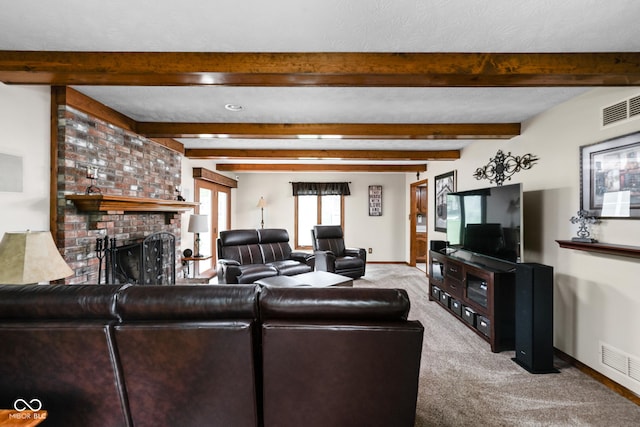 5412 Green Hills Dr, Brownsburg, IN 46112 - living area with baseboards, light carpet, a brick fireplace, and beam ceiling