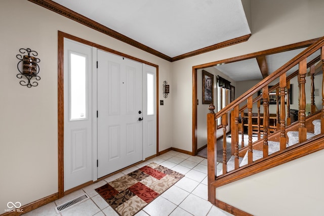 5412 Green Hills Dr, Brownsburg, IN 46112 - entrance foyer featuring stairs, baseboards, light tile patterned flooring, and crown molding