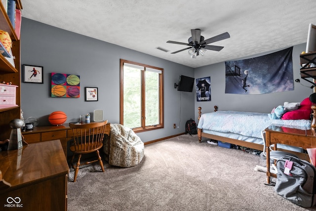 5412 Green Hills Dr, Brownsburg, IN 46112 - bedroom with carpet flooring, baseboards, a desk, a textured ceiling, and ceiling fan