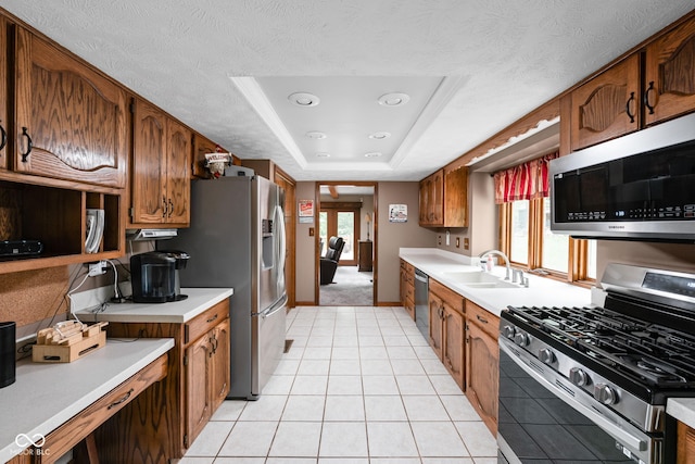 5412 Green Hills Dr, Brownsburg, IN 46112 - kitchen with appliances with stainless steel finishes, healthy amount of natural light, light countertops, a tray ceiling, and a textured ceiling