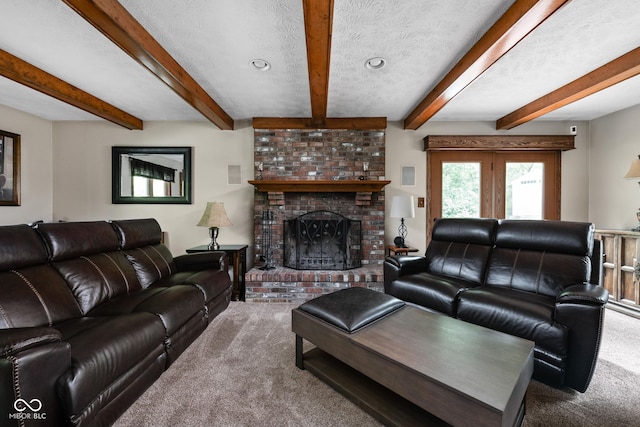5412 Green Hills Dr, Brownsburg, IN 46112 - carpeted living room featuring a fireplace, beamed ceiling, and recessed lighting