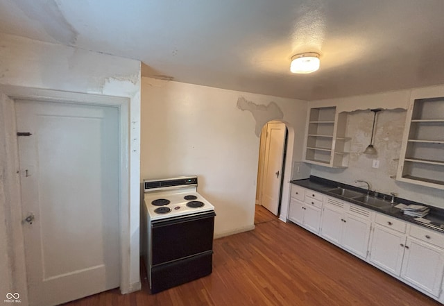 5472 E 10th St, Indianapolis, IN 46219 - kitchen with electric range oven, open shelves, a sink, dark countertops, and dark wood-type flooring