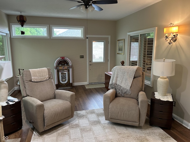 308 Bay Ridge Dr, Pendleton, IN 46064 - living room featuring a ceiling fan, wood finished floors, and baseboards