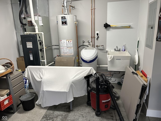 308 Bay Ridge Dr, Pendleton, IN 46064 - utility room with water heater, a sink, heating unit, and electric panel