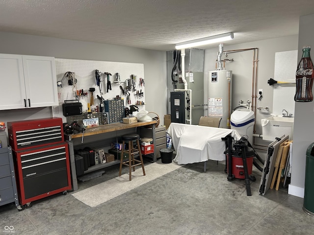308 Bay Ridge Dr, Pendleton, IN 46064 - basement featuring a workshop area, water heater, heating unit, and a textured ceiling