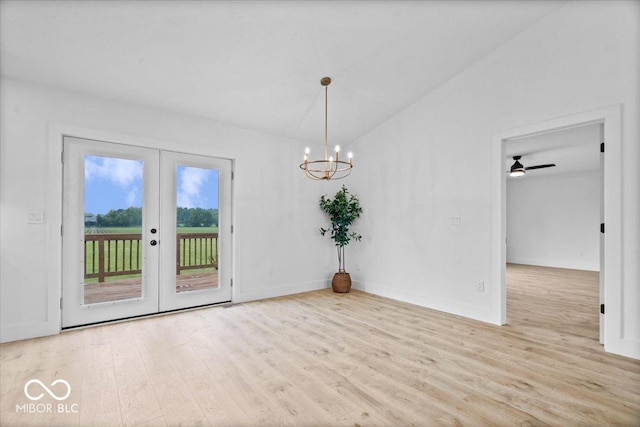 9605 W 100 S, Jamestown, IN 46147 - unfurnished dining area with french doors, wood finished floors, a chandelier, vaulted ceiling, and baseboards
