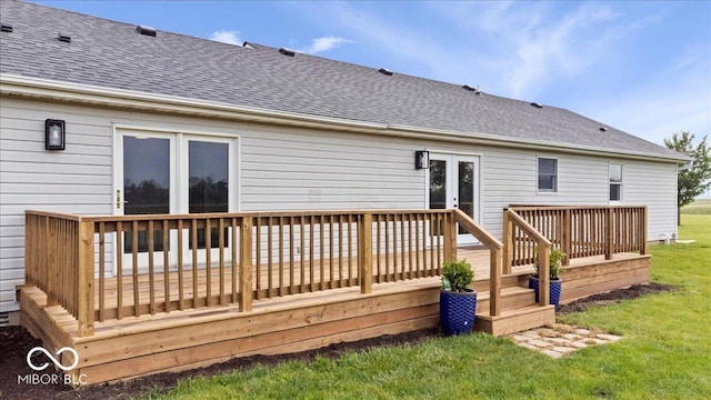 9605 W 100 S, Jamestown, IN 46147 - back of property featuring a deck, a shingled roof, a lawn, and french doors