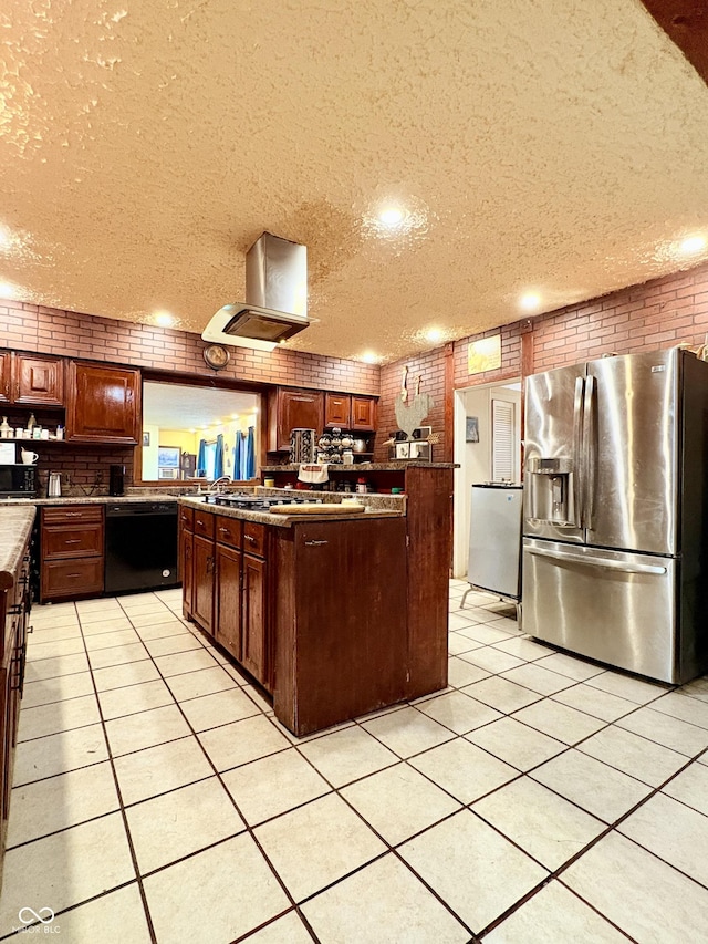404 S Indiana St, Roachdale, IN 46172 - kitchen with black appliances, a textured ceiling, light tile patterned flooring, island range hood, and dark brown cabinets