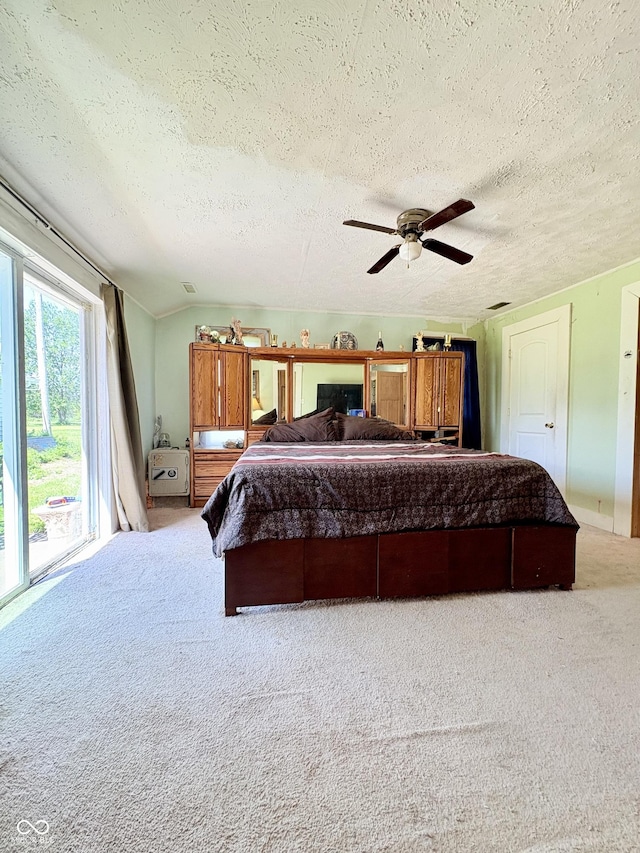 404 S Indiana St, Roachdale, IN 46172 - bedroom with a textured ceiling, carpet, access to outside, and a ceiling fan