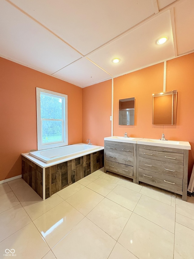 404 S Indiana St, Roachdale, IN 46172 - full bath featuring double vanity, a bath, recessed lighting, and tile patterned flooring