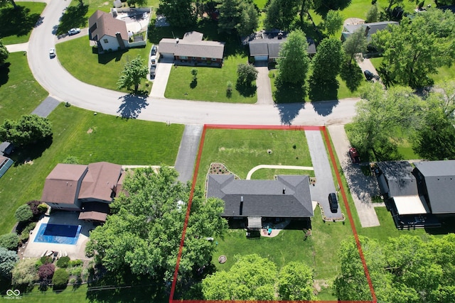 2028 Fairway Dr, Greencastle, IN 46135 - aerial perspective of suburban area with property parcel outlined and a pool area