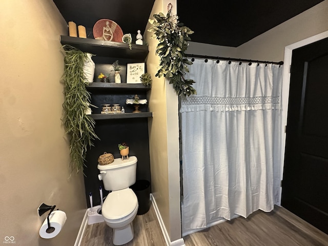 2028 Fairway Dr, Greencastle, IN 46135 - full bath with wood finished floors, toilet, a shower with shower curtain, and baseboards