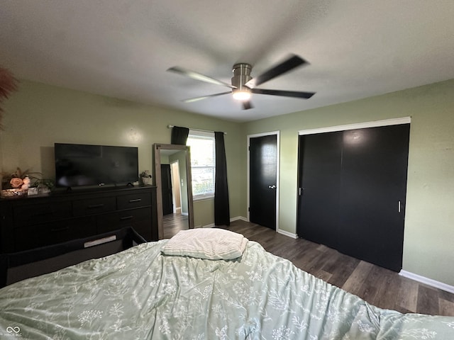 2028 Fairway Dr, Greencastle, IN 46135 - bedroom with baseboards, dark wood-style floors, multiple closets, and ceiling fan