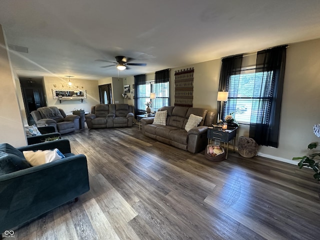2028 Fairway Dr, Greencastle, IN 46135 - living room featuring a ceiling fan, wood finished floors, and baseboards