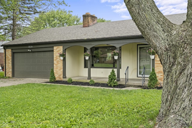 3526 Westfield Dr, Anderson, IN 46011 - ranch-style house featuring a porch, a chimney, roof with shingles, a garage, and a front lawn