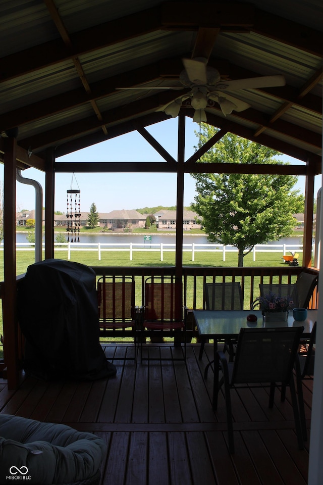 5101 W Bay Rd, Plainfield, IN 46168 - wooden terrace with a yard, a grill, outdoor dining space, and a water view