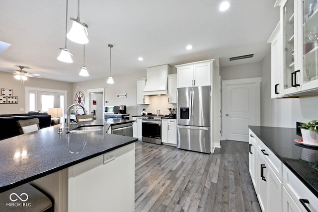 217 N Liberty Blvd, Mooresville, IN 46158 - kitchen with appliances with stainless steel finishes, a sink, custom range hood, wood finished floors, and white cabinets