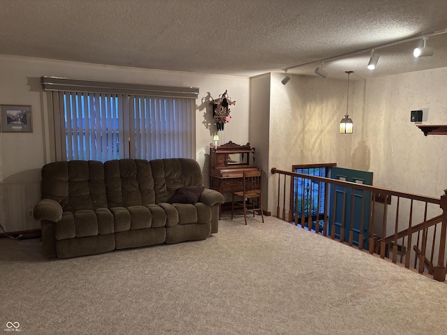 505 N Edward Dr, Greensburg, IN 47240 - living area with rail lighting, carpet, and a textured ceiling