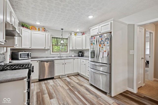 7441 State Road 60 W, Mitchell, IN 47446 - kitchen with stainless steel appliances, under cabinet range hood, a sink, white cabinets, and light wood-style flooring