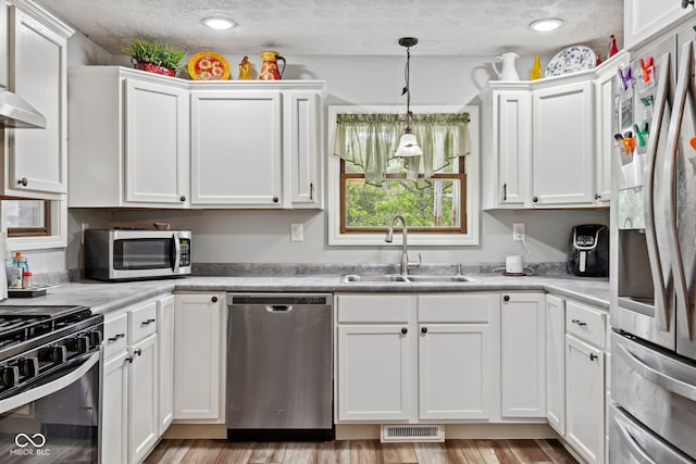7441 State Road 60 W, Mitchell, IN 47446 - kitchen featuring appliances with stainless steel finishes, a sink, white cabinetry, light countertops, and decorative light fixtures