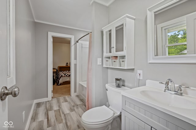 7441 State Road 60 W, Mitchell, IN 47446 - bathroom featuring vanity, toilet, shower / bath combination with curtain, baseboards, and crown molding