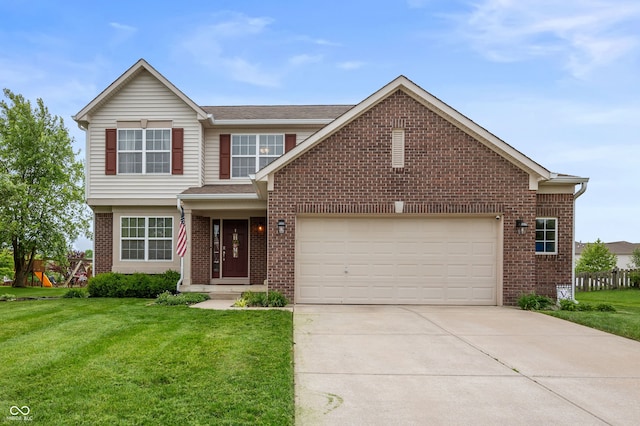 3638 Fieldstone Ln, Plainfield, IN 46168 - traditional-style home with brick siding, driveway, a front lawn, a garage, and a shingled roof