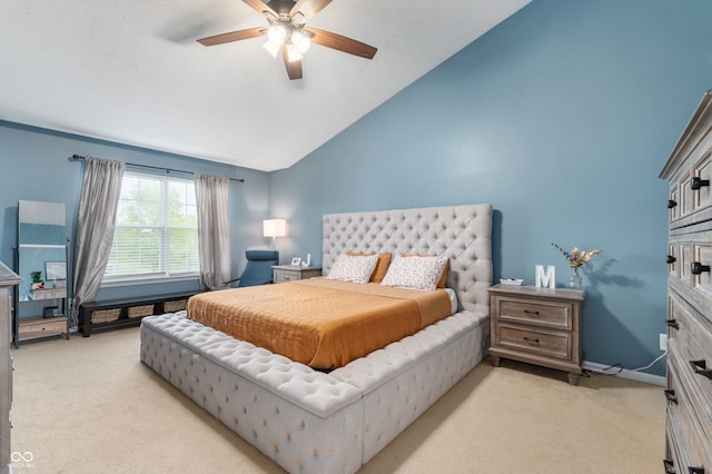 3638 Fieldstone Ln, Plainfield, IN 46168 - bedroom featuring light carpet, high vaulted ceiling, ceiling fan, and baseboards