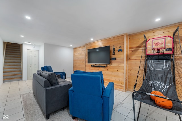 3638 Fieldstone Ln, Plainfield, IN 46168 - tiled living area with recessed lighting, stairway, and wooden walls