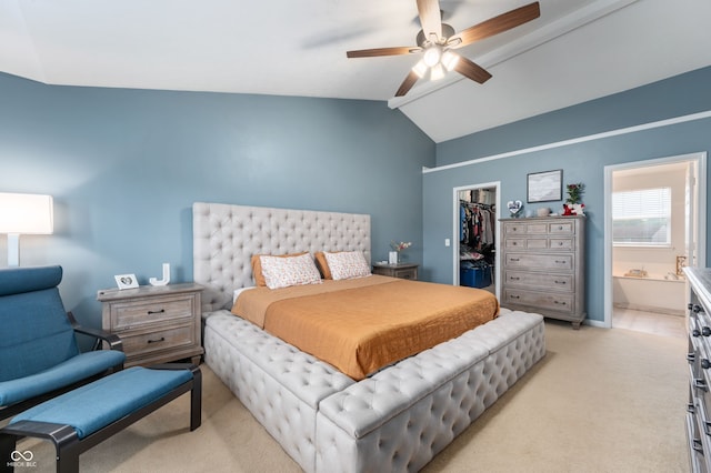 3638 Fieldstone Ln, Plainfield, IN 46168 - bedroom featuring light colored carpet, a spacious closet, a closet, lofted ceiling, and a ceiling fan