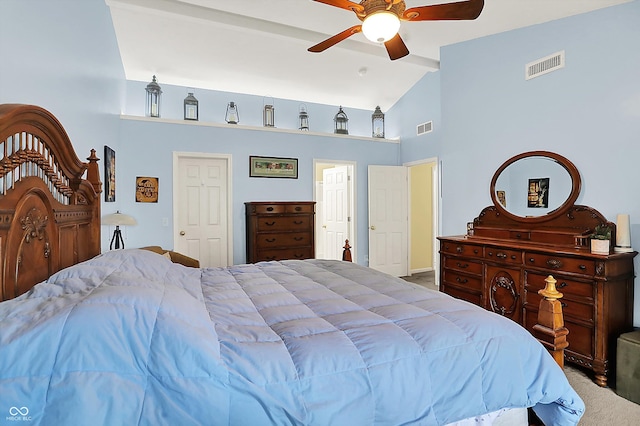 2623 Senators Way, Indianapolis, IN 46217 - bedroom with carpet, a ceiling fan, high vaulted ceiling, and baseboards