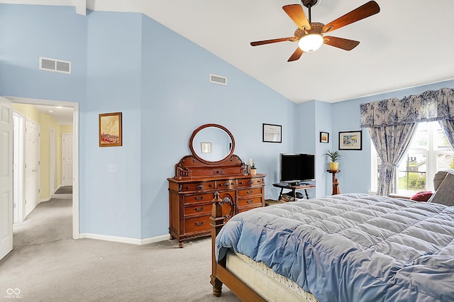 2623 Senators Way, Indianapolis, IN 46217 - bedroom featuring light carpet, high vaulted ceiling, baseboards, and a ceiling fan