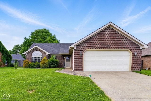 6707 Dovir Woods Dr, Sellersburg, IN 47172 - ranch-style house featuring brick siding, driveway, a front yard, an attached garage, and a shingled roof