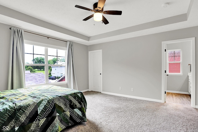 158 Handley St, Indianapolis, IN 46222 - carpeted bedroom featuring a raised ceiling, baseboards, multiple windows, and ceiling fan