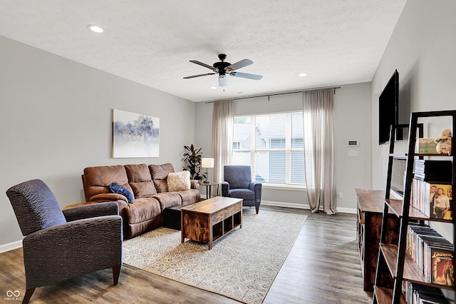 158 Handley St, Indianapolis, IN 46222 - living room with ceiling fan, wood finished floors, baseboards, recessed lighting, and a textured ceiling