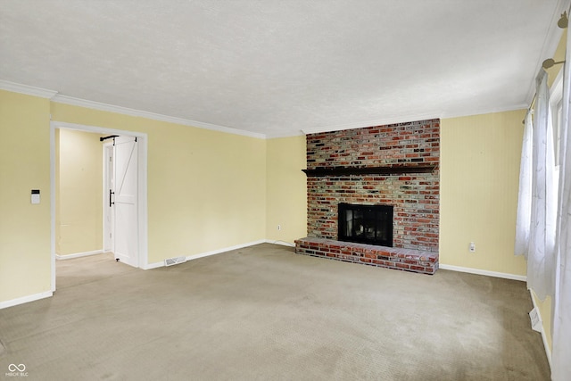 3215 E Edgewood Ave, Indianapolis, IN 46227 - unfurnished living room with baseboards, a fireplace, carpet, and crown molding