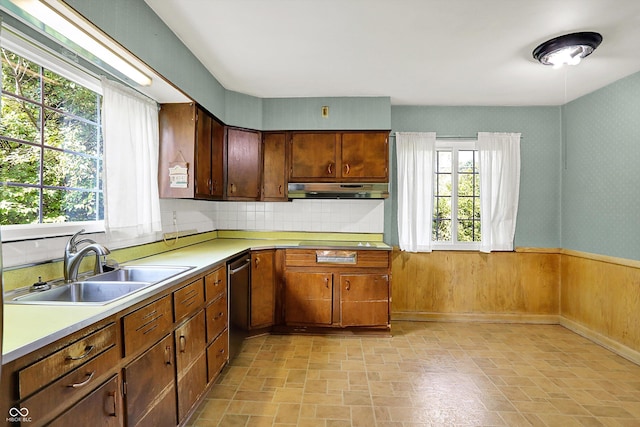 3215 E Edgewood Ave, Indianapolis, IN 46227 - kitchen featuring stainless steel dishwasher, a sink, under cabinet range hood, and light countertops