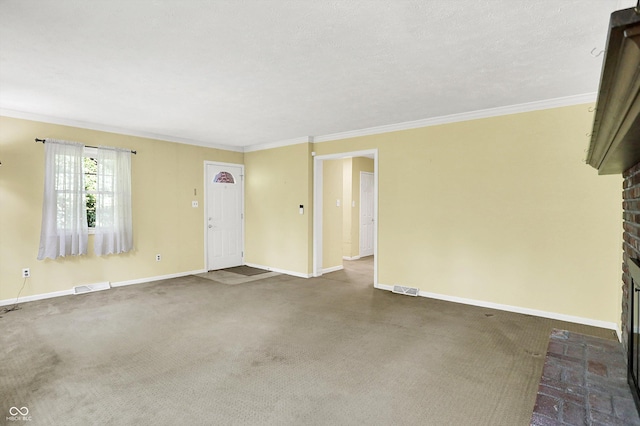 3215 E Edgewood Ave, Indianapolis, IN 46227 - unfurnished living room with crown molding, baseboards, a brick fireplace, and carpet
