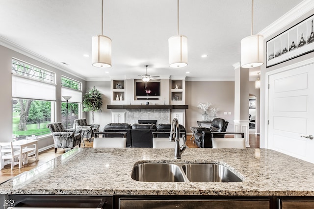 3335 Guilford Ln, Plainfield, IN 46168 - kitchen featuring a sink, crown molding, ceiling fan, light stone counters, and a fireplace